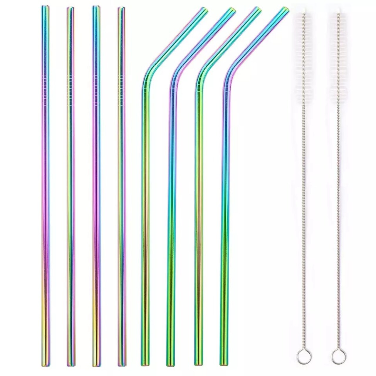 8-Piece 10.5" Stainless Steel Cocktail Straw Set with 2 Cleaning Brushes
